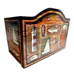 Fishing Lodge Storage Box Gift Basket Cardboard Fish Deer Lighthouse Boat Brown